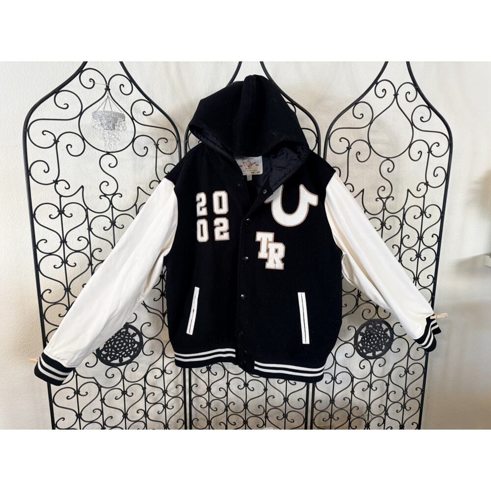 True Religion Men's Black White Varsity Jacket Hooded Button Logo Accents - XL - Picture 3 of 7